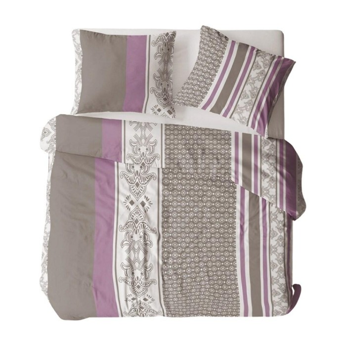 Pościel z kory 160x200 szara fioletowa paski ornamenty na guziki-1