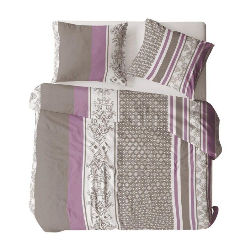 Pościel z kory 160x200 szara fioletowa paski ornamenty na guziki-1