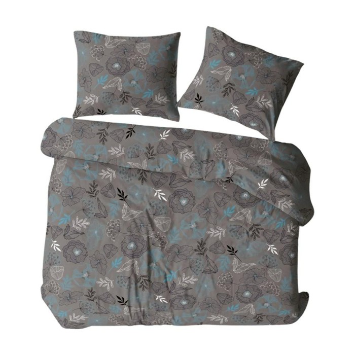Pościel z kory 160x200 grafitowa kwiaty liście na guziki-1