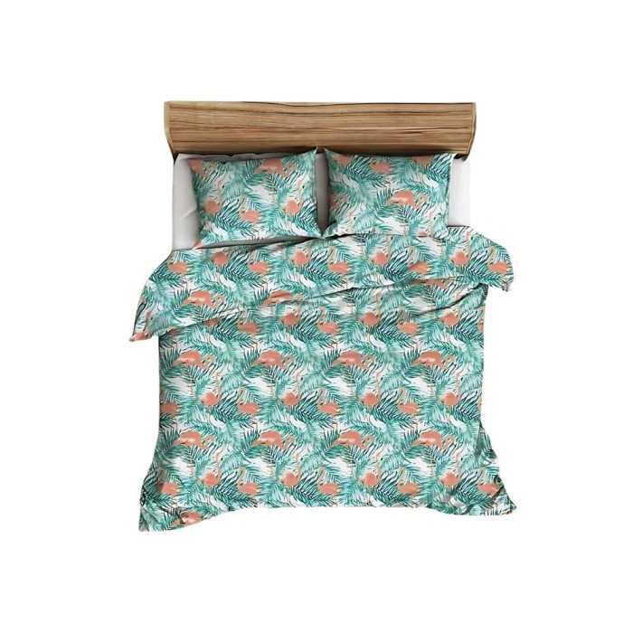 Pościel z kory 160x200 turkusowa flamingi na guziki-1