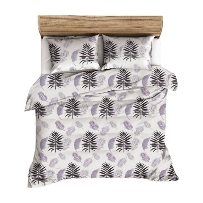 Pościel z kory 160x200 biała fioletowa liście na guziki-1