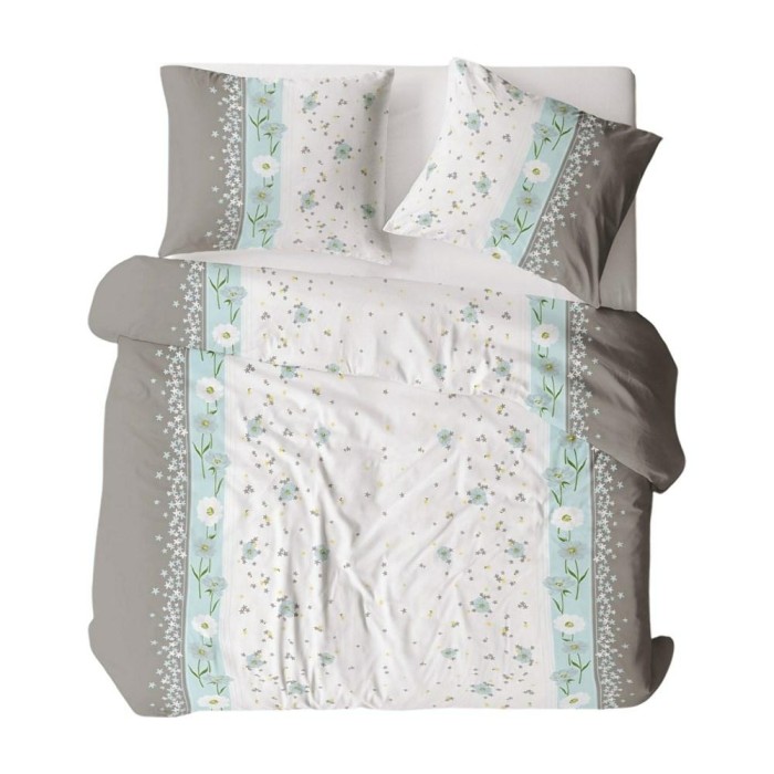 Pościel z kory 140x200 szara biała niebieska pasy kwiaty na guziki-1