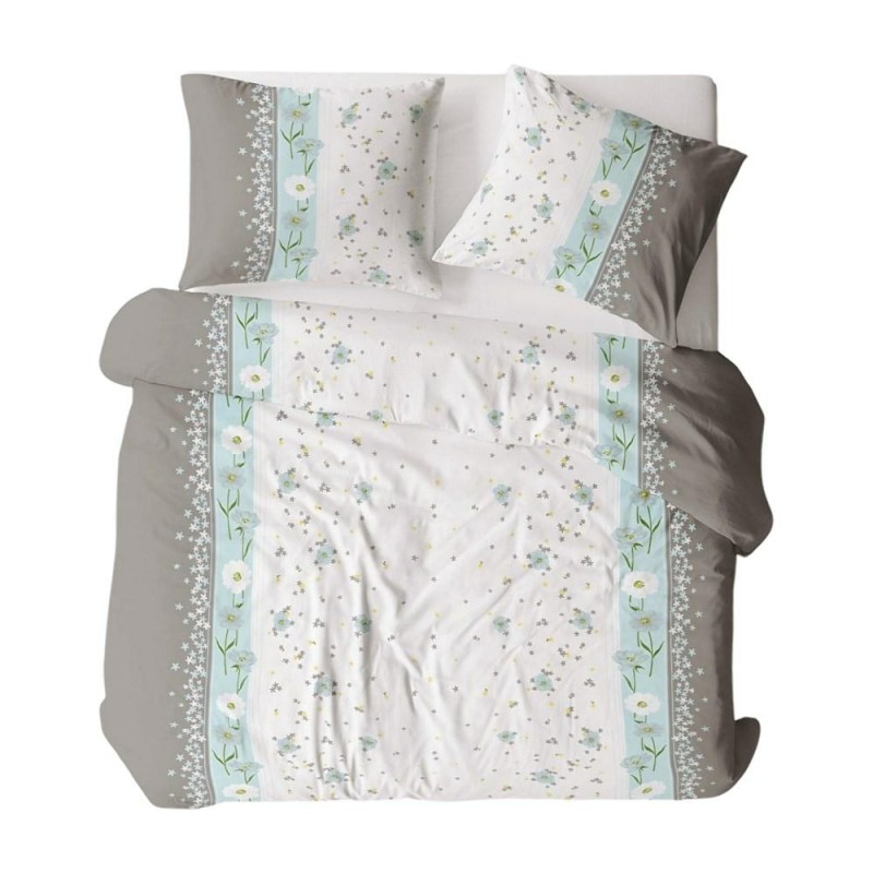 Pościel z kory 160x200 szara biała niebieska paski kwiaty-1