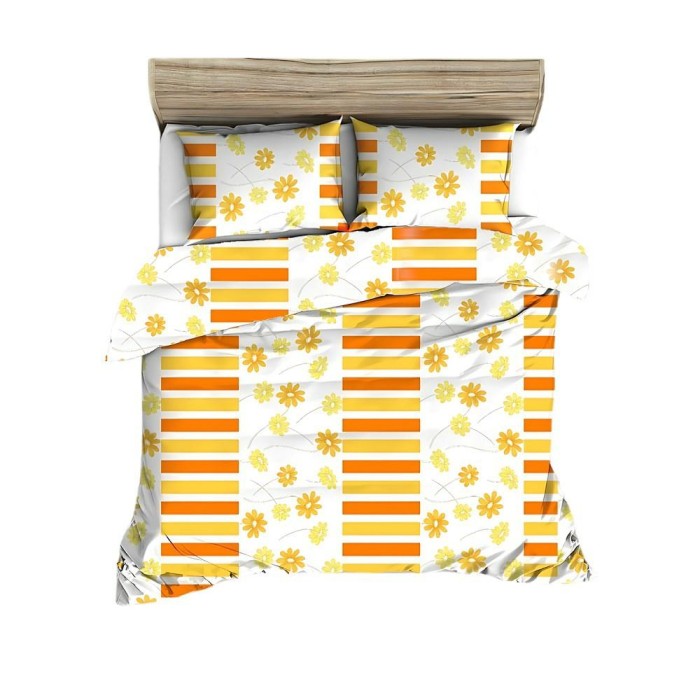 Pościel z kory 160x200 biała pomarańczowa żółta kwiatki na guziki-1