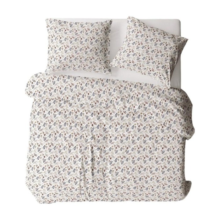 Pościel z kory 160x200 biała brązowa granatowa gałązki liście-1