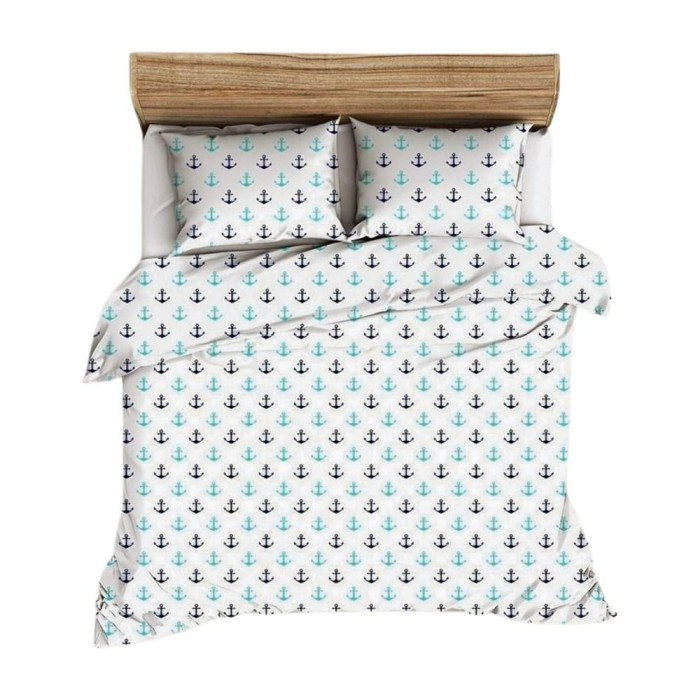 Pościel z kory 160x200 biała niebieska marynarska kotwice na guziki-1