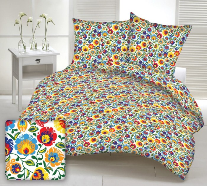 Pościel z kory 160x200 biała łowicki kwiaty na guziki-1