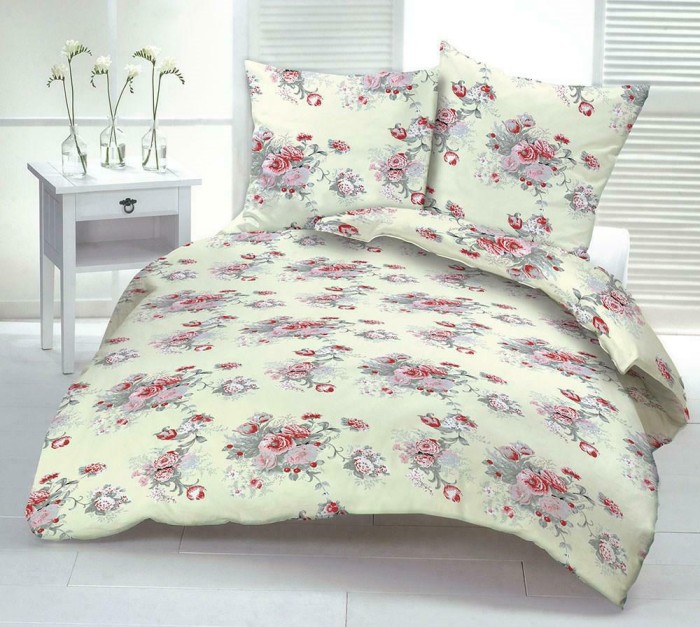 Pościel z kory 160x200 kremowa czerwone różyczki na guziki-1