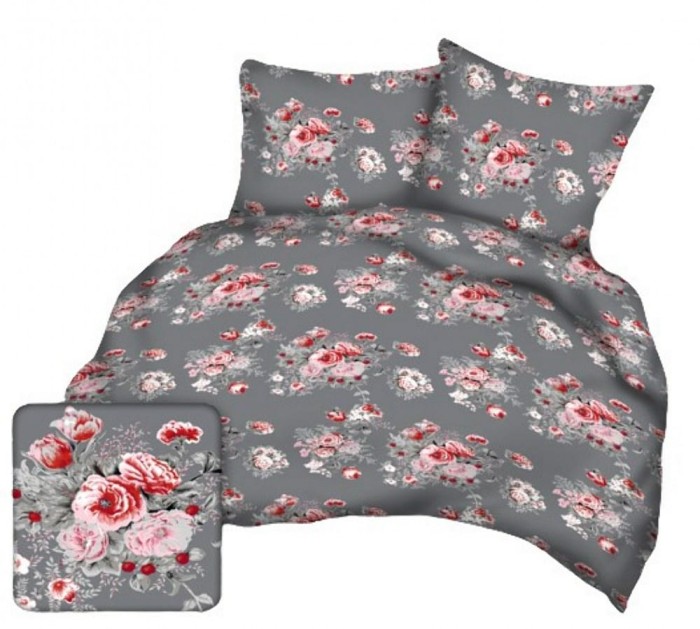 Pościel z kory 160x200 szara czerwona kwiaty na guziki-1