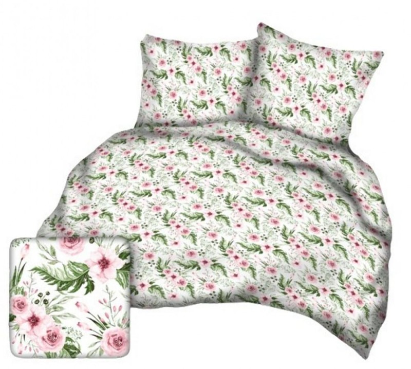 Pościel z kory 160x200 biała zielona różowa kwiatki na guziki-1