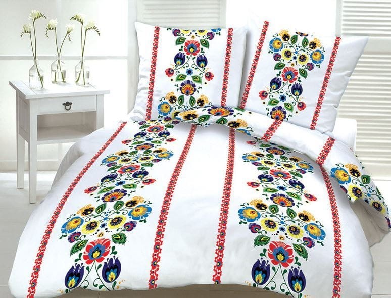 Pościel z kory 140x200 biała czerwona Łowicka na guziki-1