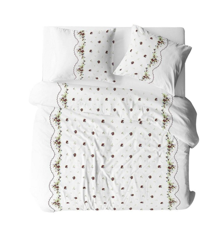 Pościel z kory 140x200 biała czerwona bukiety bordiura na guziki-1