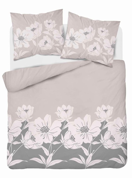 Pościel flanelowa 220x200 beżowa szara kwiaty Flanela 24-2