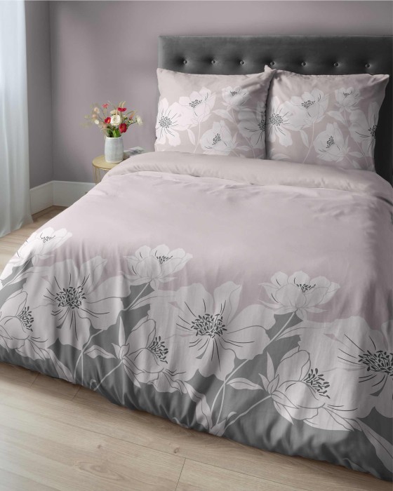 Pościel flanelowa 220x200 beżowa szara kwiaty Flanela 24-1