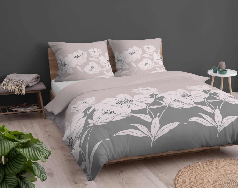 Pościel flanelowa 220x200 beżowa szara kwiaty Flanela 24-4