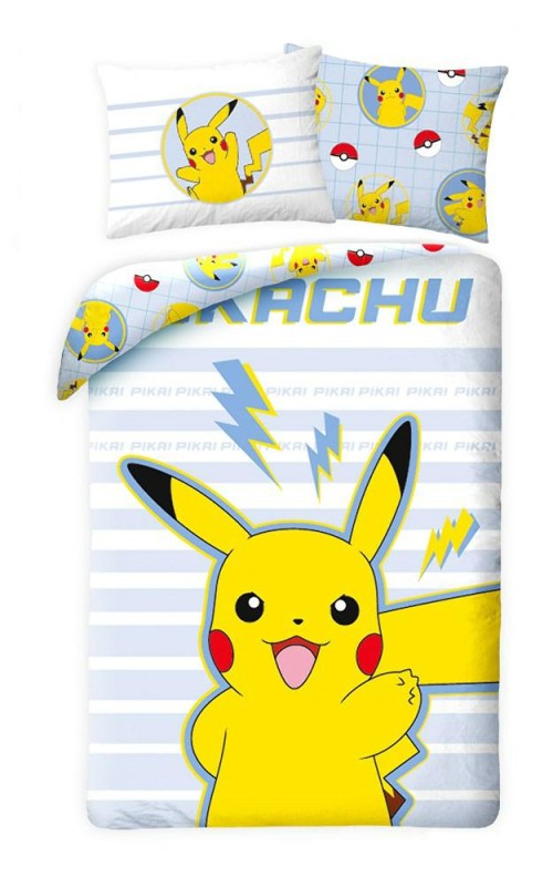 35715Pościel bawełniana 140x200 Pokemon niebieska żółta pasy poszewka 65x65 H2-1