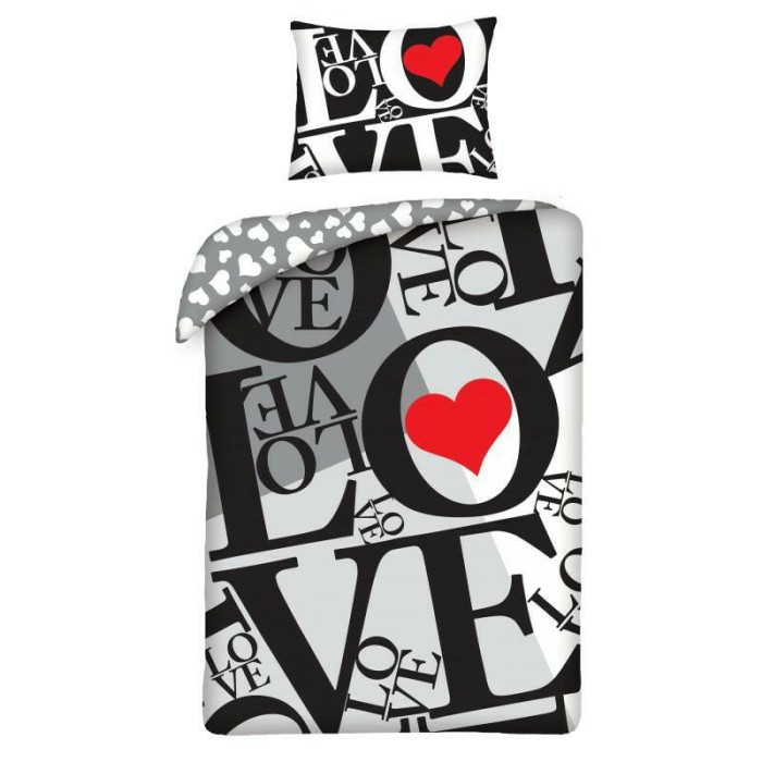 Pościel bawełniana 140x200 Love serduszka serca szara czarna-1