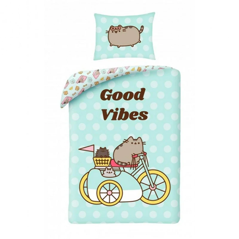 Pościel bawełniana 160x200 Pusheen mały kotek miętowa-1