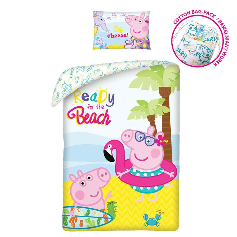Pościel bawełniana 140x200 Świnka Peppa kolorowa na plaży + worek bawełniany-1