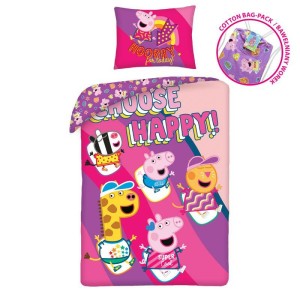 Pościel bawełniana 140x200 Świnka Peppa różowa fioletowa + worek bawełniany-1