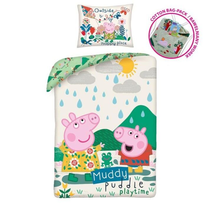 Pościel bawełniana 140x200 Świnka Peppa na plaży + worek bawełniany-1