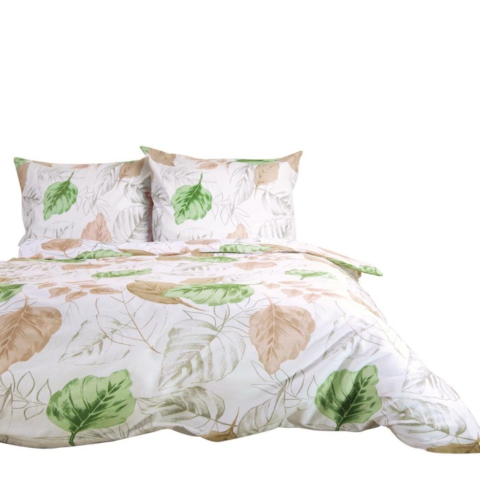 Pościel flanelowa 220x200 biała beżowa zielona liście Flanelove-2