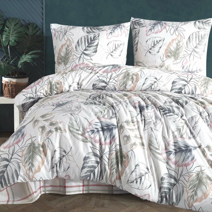 Pościel flanelowa 220x200 biała wielobarwna liście Flanelove-1