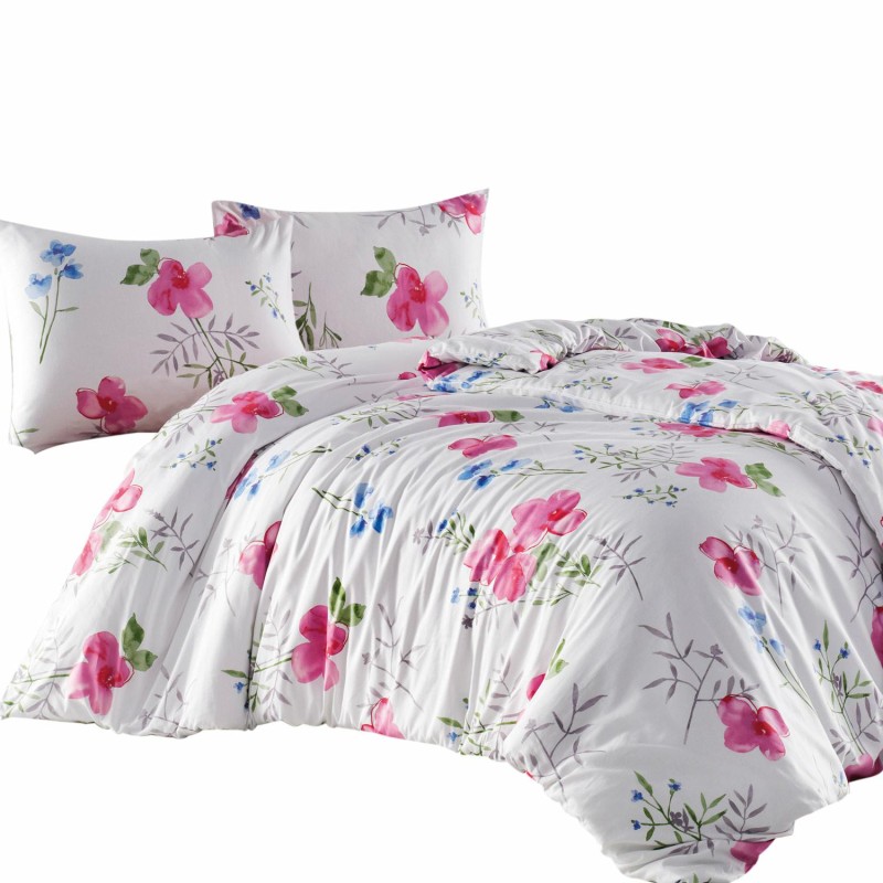 Pościel flanelowa 220x200 biała różowa kwiaty liście Flanelove-2