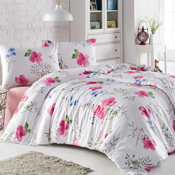 Pościel flanelowa 220x200 biała różowa kwiaty liście Flanelove-1