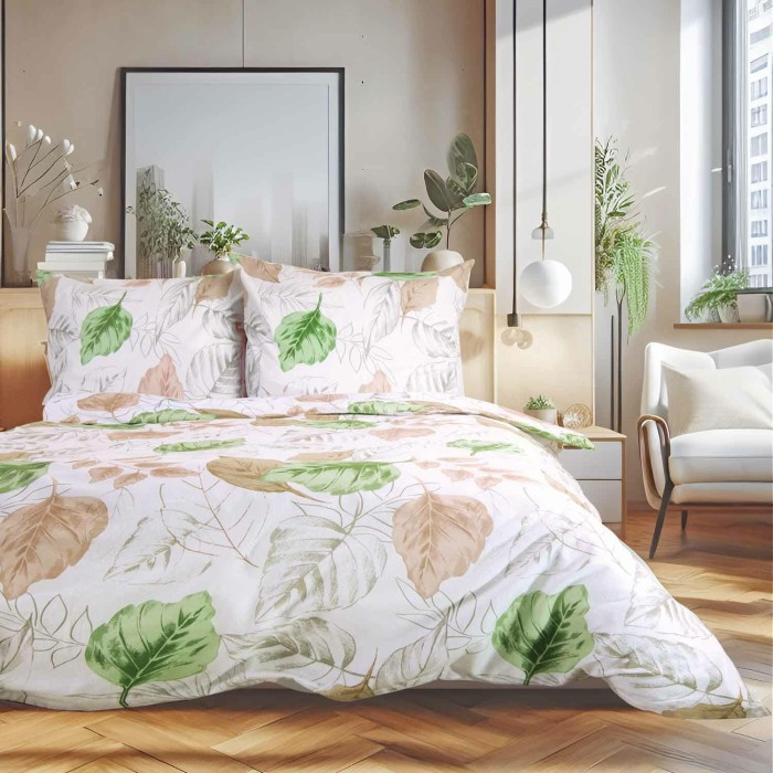 Pościel flanelowa 180x200 biała beżowa zielona liście Flanelove-1