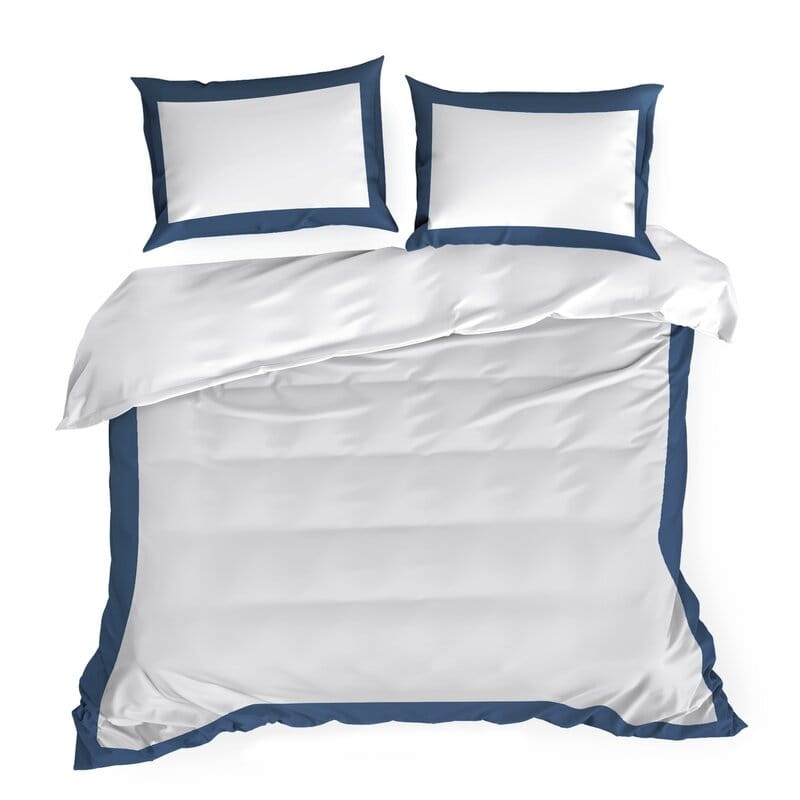 Pościel satynowa 160x200 Laura biała granatowa z ozdobną kantą-2
