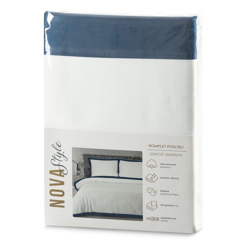 Pościel satynowa 160x200 Laura biała granatowa z ozdobną kantą-6