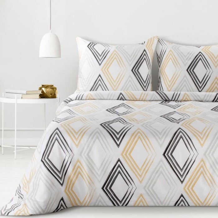 Pościel satynowa 220x200 Spring 35 biała żółta czarna geometryczna-1