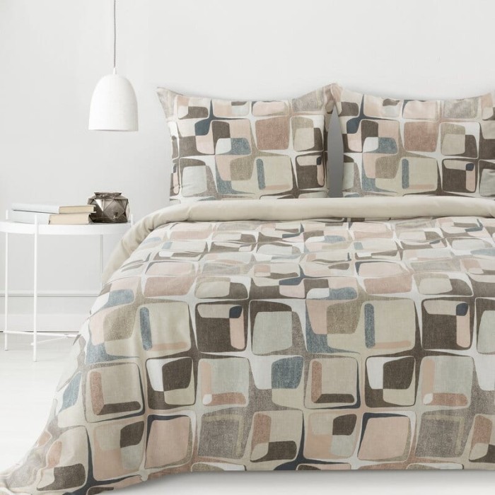 Pościel satynowa 220x200 Spring 36 beżowa geometryczna-1