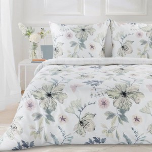 Pościel satynowa 140x200 Spring 37 biała zielona kwiaty-1