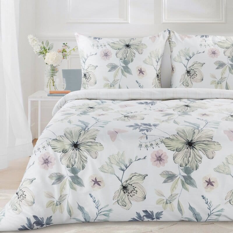 Pościel satynowa 140x200 Spring 37 biała zielona kwiaty-1