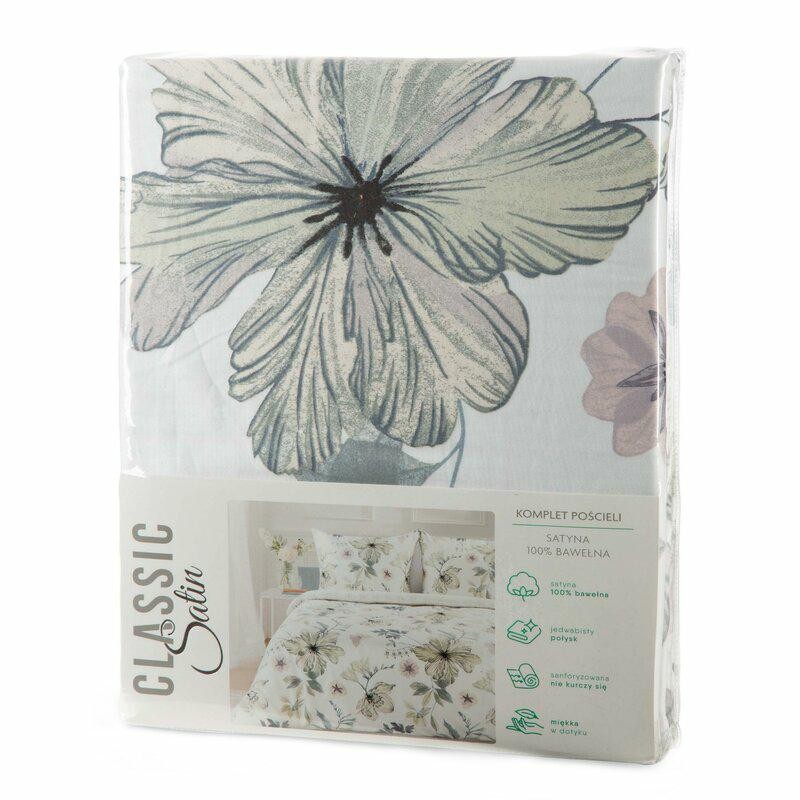 Pościel satynowa 140x200 Spring 37 biała zielona kwiaty-6