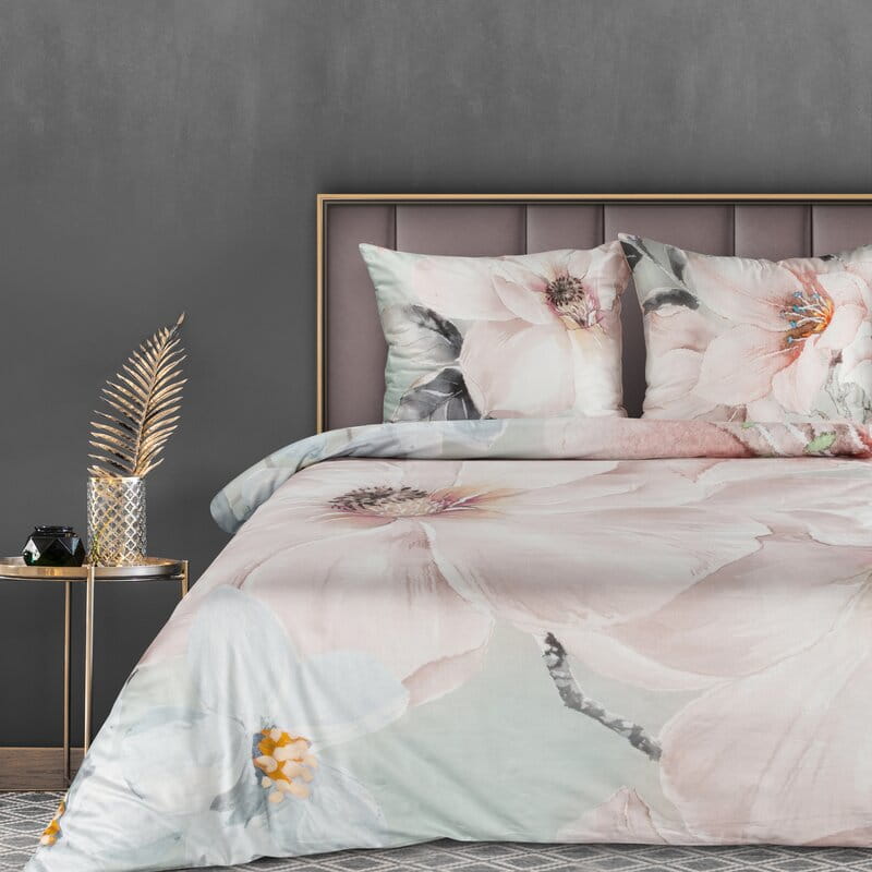 Pościel satynowa 220x200 Premium 18 kwiaty pudrowa różowa-1