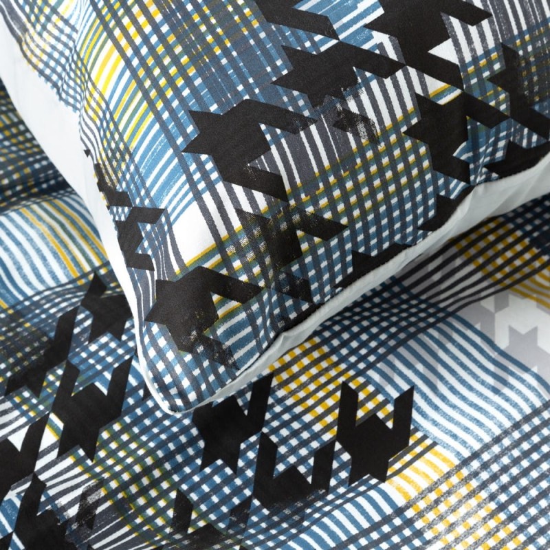 Pościel satynowa 160x200 Mandy kratka niebieska żółta czarna pepitka w pudełku-2