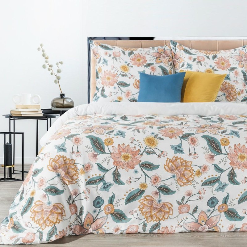 Pościel satynowa 160x200 Marcia biała pomarańczowa kwiaty liście-1