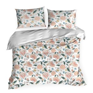 Pościel satynowa 160x200 Marcia biała pomarańczowa kwiaty liście-2