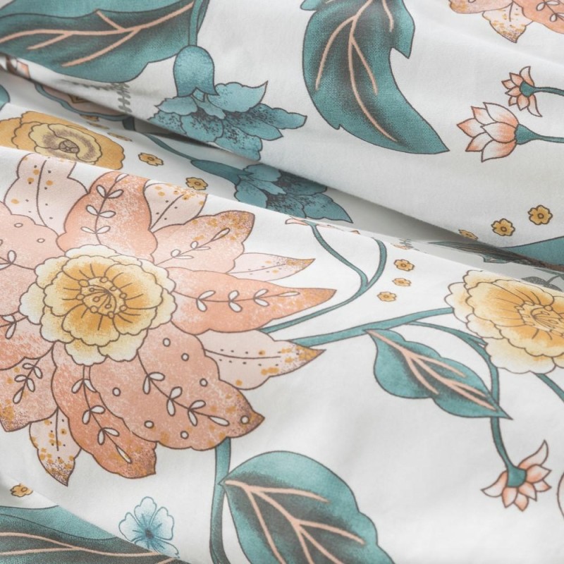 Pościel satynowa 160x200 Marcia biała pomarańczowa kwiaty liście-3