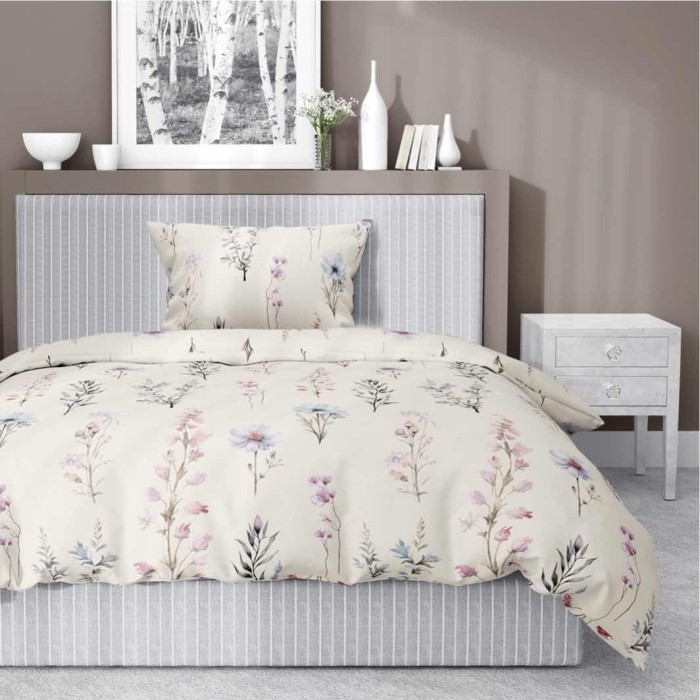 Pościel satynowa 140x200 Home Satin 11 kremowa różowa zielona kwiaty-1