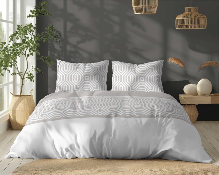 Pościel bawełniana 220x200 Bawełna 32 beżowa biała geometryczna-1