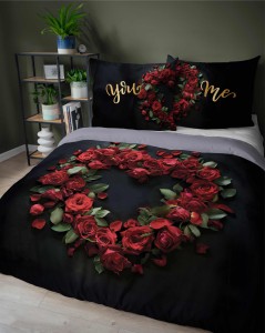 Pościel bawełniana 160x200 czarna czerwona serce You and Me Holland 52-1