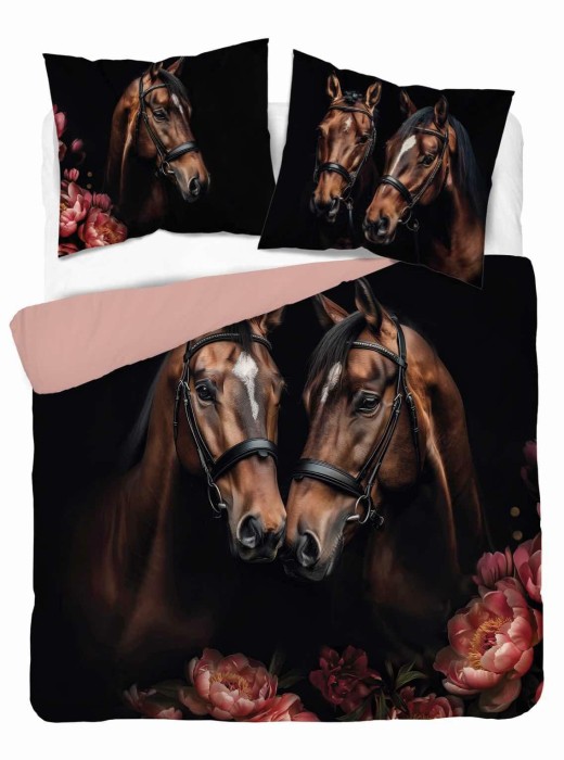 Pościel bawełniana 160x200 czarna brązowa różowa konie kwiaty Holland 52-2