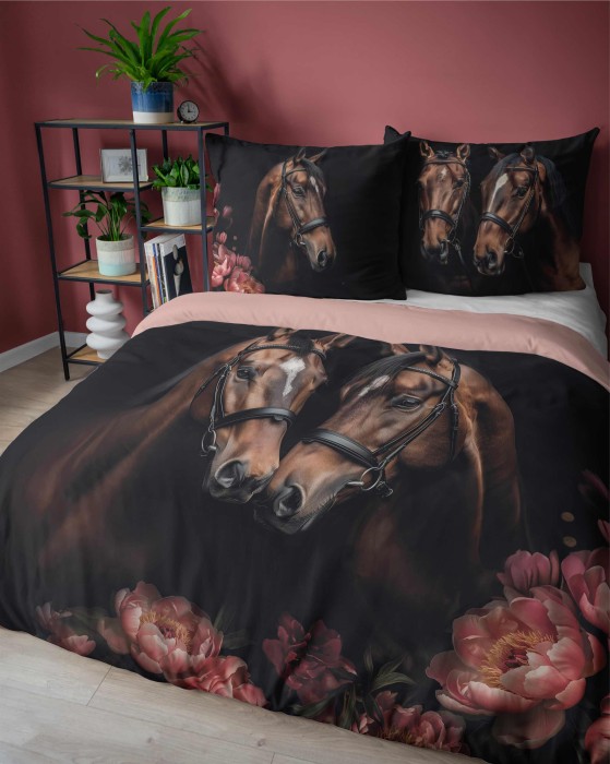 Pościel bawełniana 160x200 czarna brązowa różowa konie kwiaty Holland 52-1