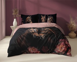 Pościel bawełniana 220x200 czarna brązowa różowa konie kwiaty Holland 52-3