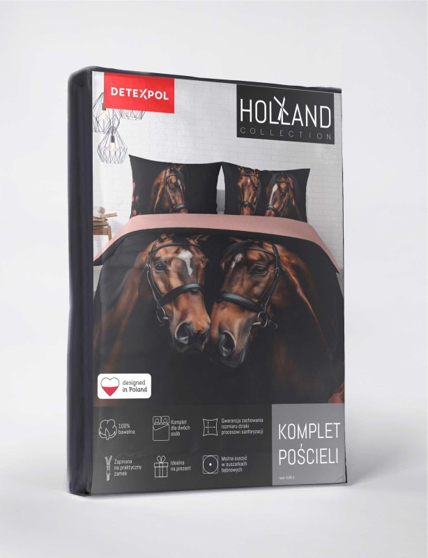 Pościel bawełniana 220x200 czarna brązowa różowa konie kwiaty Holland 52-4