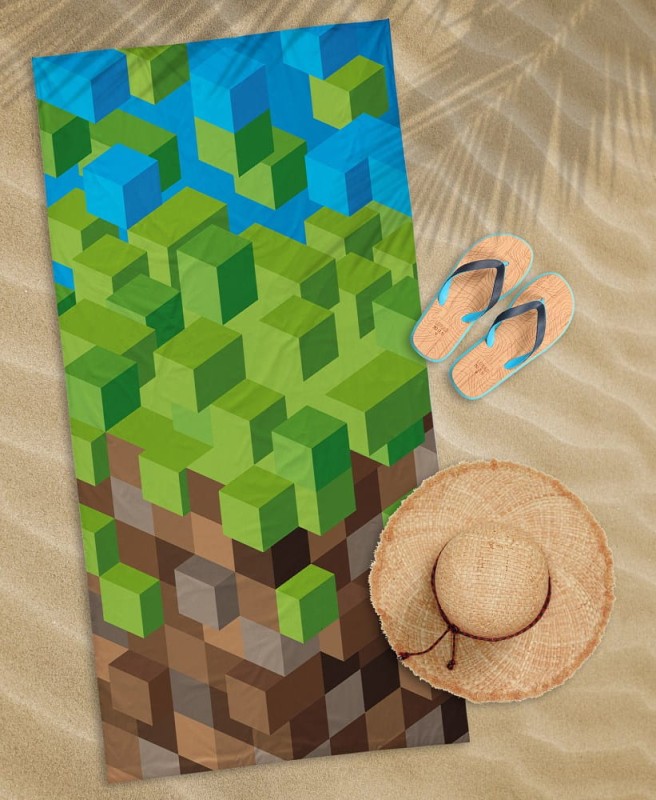 36531Ręcznik plażowy 70x140 Minecraft Pixel 77 zielony brązowy dziecięcy bawełniany-2
